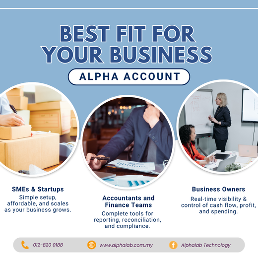 AlphaAccount Poster All in one accounting system, Alpha accounting system, inventory control, payable, receivable, financial report, budgeting tools, SMEs & Startups, business owner, finance, accountant